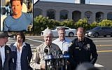 San Diego County Sheriff Bill Gore addresses the media in front of the Chabad of Poway Synagogue after a shooting on April 27, 2019, in Poway, California. An image of the suspected gunman, John Earnest is featured on the left (SANDY HUFFAKER / AFP/YouTube screen capture )