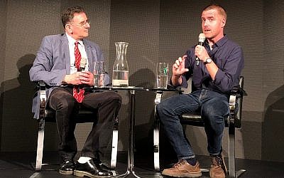 Journalist Matthew Kalman interviews author Matti Friedman about his new book, 'Spies of No Country,' at a Times of Israel/Beit Avi Chai event on April 10, 2019, in Jerusalem. (Amanda Borschel-Dan/Times of Israel)