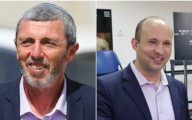 (L) URWP chairman Rafi Peretz seen outside a voting station in Sderot on April 9, 2019. (Flash90), (R) New Right co-chairman Naftali Bennett casts his ballot in Ra'anana on April 9, 2019. (Education Ministry) (L) URWP chairman Rafi Peretz seen outside a voting station in Sderot on April 9, 2019. (Flash90), (R) New Right co-chairman Naftali Bennett casts his ballot in Ra'anana on April 9, 2019. (Education Ministry)