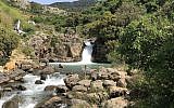 Youth swimming in a quiet part of the Sa'ar river, Golan Heights, April 14, 2019. (Sue Surkes/Times of Israel)