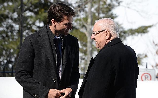 President Reuven Rivlin, right, with Canada's Prime Minister Justin Trudeau, left, April 1, 2019. (Mark Neiman/GPO) President Reuven Rivlin, right, with Canada's Prime Minister Justin Trudeau, left, April 1, 2019. (Mark Neiman/GPO)