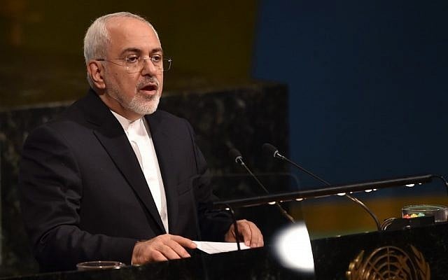 Iranian Foreign Affairs Minister Mohammad Javad Zarif speaks in New York, April 24, 2018. (Hector Retamal/AFP) Iranian Foreign Affairs Minister Mohammad Javad Zarif speaks in New York, April 24, 2018. (Hector Retamal/AFP)