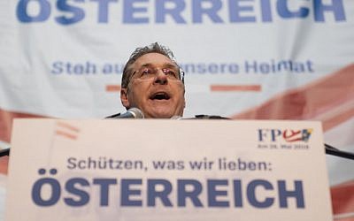 Heinz Christian Strache, FPOe chairman and Austrian vice-chancellor, speak's during his far-right party's rally to support its candidate in EU elections, at Lugner City shopping center in Vienna, Austria, on April 26, 2019. (Joe Klamar/AFP)