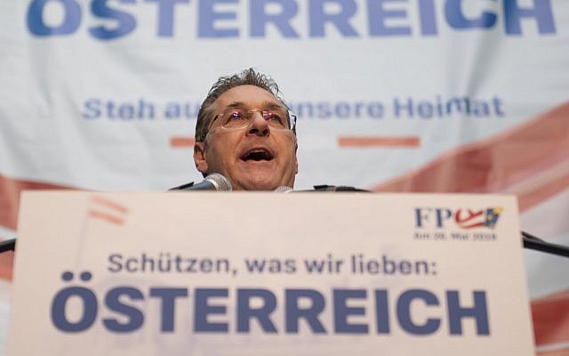 Heinz Christian Strache, FPOe chairman and Austrian vice-chancellor, speak's during his far-right party's rally to support its candidate in EU elections, at Lugner City shopping center in Vienna, Austria, on April 26, 2019. (Joe Klamar/AFP) Heinz Christian Strache, FPOe chairman and Austrian vice-chancellor, speak's during his far-right party's rally to support its candidate in EU elections, at Lugner City shopping center in Vienna, Austria, on April 26, 2019. (Joe Klamar/AFP)