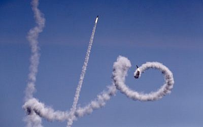 A picture taken from the southern Israeli village of Netiv Ha'asara shows rockets fired from the Gaza Strip on May 4, 2019. (Jack Guez/AFP)