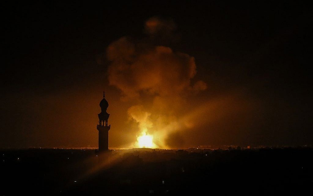 A picture taken in Rafah in the southern Gaza Strip, on May 5, 2019 shows an explosion following an airstrike by Israel. (Said Khatib/AFP) A picture taken in Rafah in the southern Gaza Strip, on May 5, 2019 shows an explosion following an airstrike by Israel. (Said Khatib/AFP)