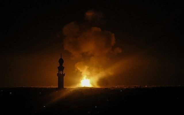A picture taken in Rafah in the southern Gaza Strip, on May 5, 2019 shows an explosion following an airstrike by Israel. (Said Khatib/AFP) A picture taken in Rafah in the southern Gaza Strip, on May 5, 2019 shows an explosion following an airstrike by Israel. (Said Khatib/AFP)