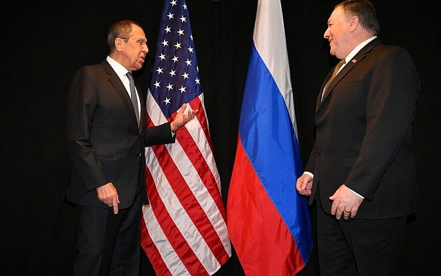 US Secretary of State Mike Pompeo, right, talks with Russia's Foreign Minister Sergei Lavrov as they meet on the sidelines of the Arctic Council Ministerial Meeting on May 6, 2019 in Rovaniemi, Finland. (MANDEL NGAN / POOL / AFP) US Secretary of State Mike Pompeo, right, talks with Russia's Foreign Minister Sergei Lavrov as they meet on the sidelines of the Arctic Council Ministerial Meeting on May 6, 2019 in Rovaniemi, Finland. (MANDEL NGAN / POOL / AFP)