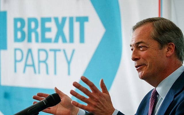 Illustrative: Brexit Party leader Nigel Farage speaks at a press conference regarding the party's European Parliament election campaign in London on May 7, 2019. (Photo by Tolga Akmen / various sources / AFP) Illustrative: Brexit Party leader Nigel Farage speaks at a press conference regarding the party's European Parliament election campaign in London on May 7, 2019. (Photo by Tolga Akmen / various sources / AFP)