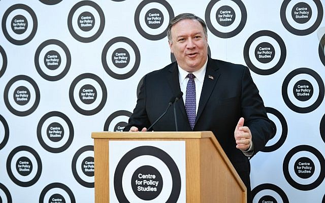 US Secretary of State Mike Pompeo speaks during on the US-UK relationship during an event at Lancaster House in central London on May 8, 2019. (MANDEL NGAN/POOL/AFP) US Secretary of State Mike Pompeo speaks during on the US-UK relationship during an event at Lancaster House in central London on May 8, 2019. (MANDEL NGAN/POOL/AFP)