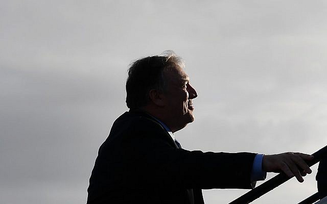 US Secretary of State Mike Pompeo boards a plane before departing from London Stansted Airport, north of London, on May 9, 2019. (Mandel Ngan/Pool/AFP) US Secretary of State Mike Pompeo boards a plane before departing from London Stansted Airport, north of London, on May 9, 2019. (Mandel Ngan/Pool/AFP)