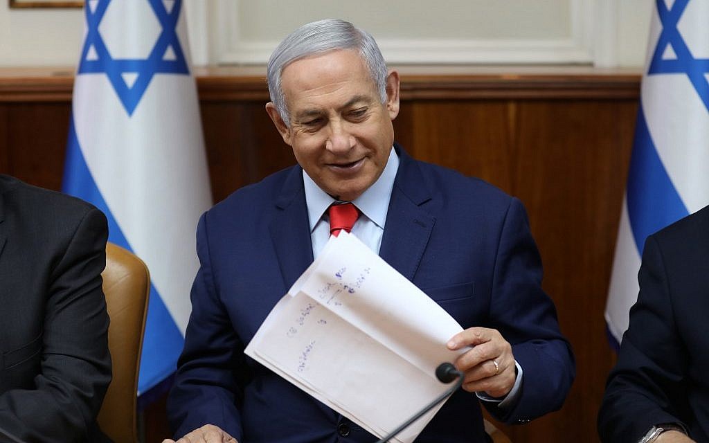Prime Minister Benjamin Netanyahu at the start of the weekly cabinet meeting at his Jerusalem office on May 12, 2019. (Gali Tibbon/Pool/AFP)