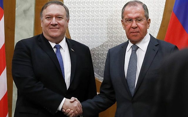 Russian Foreign Minister Sergey Lavrov (R) shakes hands with US Secretary of State Mike Pompeo during a meeting in Sochi, Russia, on May 14, 2019. (Pavel Golovkin/Pool/AFP) Russian Foreign Minister Sergey Lavrov (R) shakes hands with US Secretary of State Mike Pompeo during a meeting in Sochi, Russia, on May 14, 2019. (Pavel Golovkin/Pool/AFP)