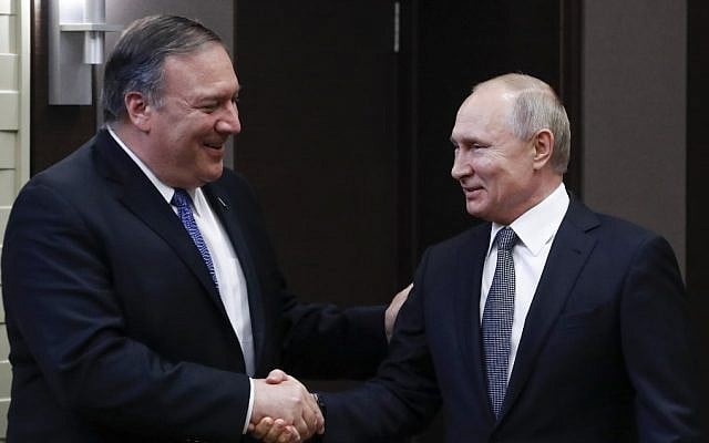 Russian President Vladimir Putin, right, meets with US Secretary of State Mike Pompeo at the Bocharov Ruchei residence in Sochi on May 14, 2019. (Pavel Golovkin/POOL/AFP) Russian President Vladimir Putin, right, meets with US Secretary of State Mike Pompeo at the Bocharov Ruchei residence in Sochi on May 14, 2019. (Pavel Golovkin/POOL/AFP)