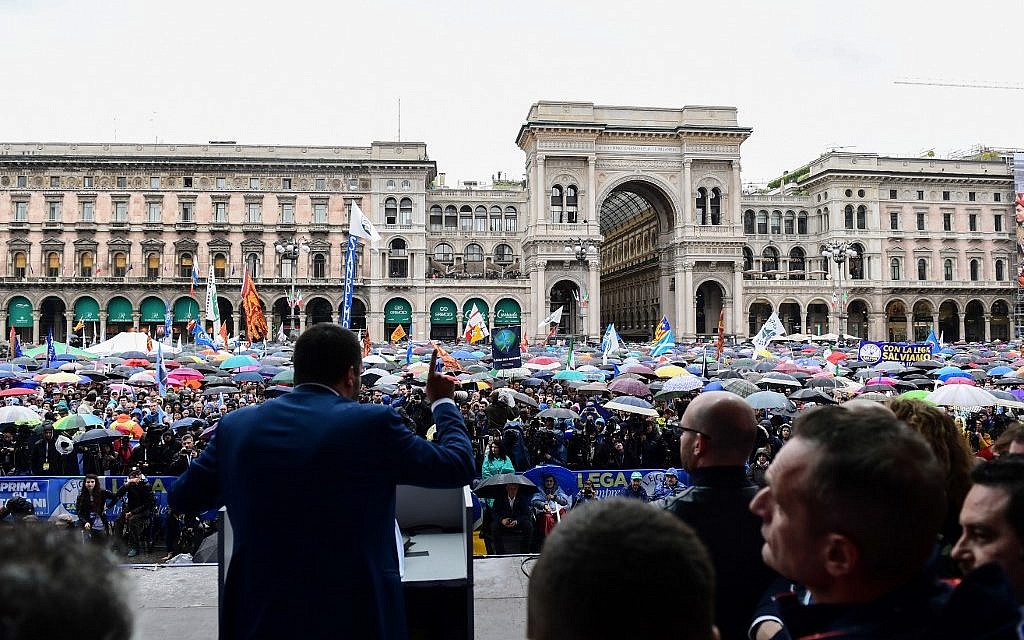 Italian Deputy Prime Minister and Interior Minister Matteo Salvini, center, delivers a speech at a rally of European nationalists ahead of European elections on May 18, 2019, in Milan. (Miguel Medina/AFP) Italian Deputy Prime Minister and Interior Minister Matteo Salvini, center, delivers a speech at a rally of European nationalists ahead of European elections on May 18, 2019, in Milan. (Miguel Medina/AFP)