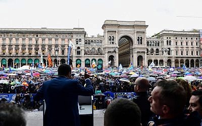 Italian Deputy Prime Minister and Interior Minister Matteo Salvini, center, delivers a speech at a rally of European nationalists ahead of European elections on May 18, 2019, in Milan. (Miguel Medina/AFP)