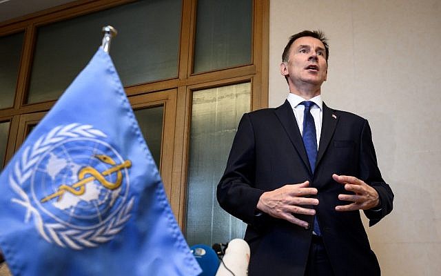 Britain's Foreign Secretary Jeremy Hunt delivers a statement on the sideline of the World Health Assembly on May 20, 2019 at the United Nations Offices in Geneva. (Fabrice COFFRINI / AFP) Britain's Foreign Secretary Jeremy Hunt delivers a statement on the sideline of the World Health Assembly on May 20, 2019 at the United Nations Offices in Geneva. (Fabrice COFFRINI / AFP)