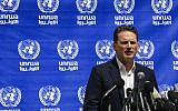 Pierre Krähenbul, commissioner general of the United Nations Relief and Works Agency for Palestinian Refugees (UNRWA), at a press conference in Gaza City on May 23, 2019. (Mohammed Abed/AFP)