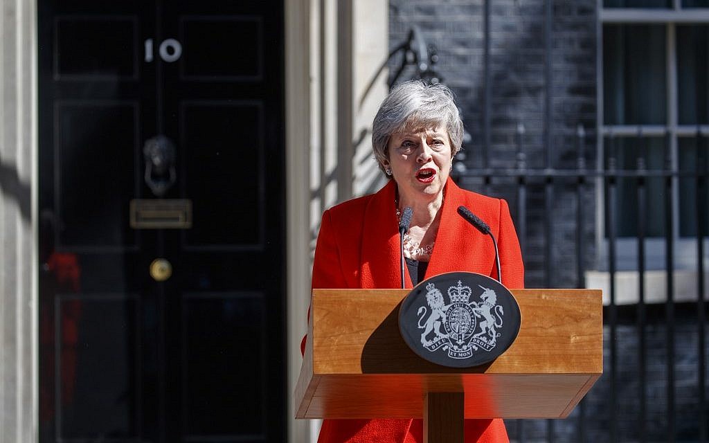 Britain's Prime Minister Theresa May announces her resignation outside 10 Downing Street in London on May 24, 2019. (Tolga Akmen/AFP) Britain's Prime Minister Theresa May announces her resignation outside 10 Downing Street in London on May 24, 2019. (Tolga Akmen/AFP)