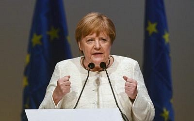 German Chancellor Angela Merkel gives a speech in Munich, Germany, May 24, 2019. (Christof Stache/AFP)