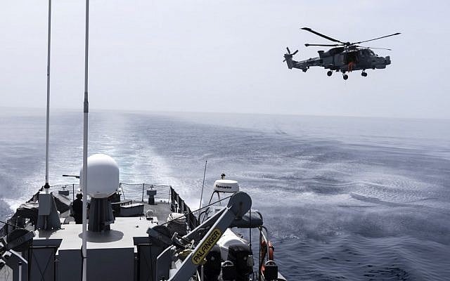 A picture taken from Cyprus' warship 'Ioannides' shows a Royal Navy Lynx helicopter taking part in the Multinational CIMIC Exercise, ARGONAUT 2019, Search and Rescue (SAR) Operations, a rescue drill in which the militaries of Cyprus, Greece, France, Britain, Israel, Germany and the US participated on May 30, 2019. (Iakovos Hatzistavrou/AFP) A picture taken from Cyprus' warship 'Ioannides' shows a Royal Navy Lynx helicopter taking part in the Multinational CIMIC Exercise, ARGONAUT 2019, Search and Rescue (SAR) Operations, a rescue drill in which the militaries of Cyprus, Greece, France, Britain, Israel, Germany and the US participated on May 30, 2019. (Iakovos Hatzistavrou/AFP)