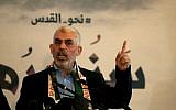 Illustrative: Hamas leader in the Gaza Strip Yahya Sinwar speaks during a press conference in Gaza City on May 30, 2019. (Mohammed Abed/AFP)