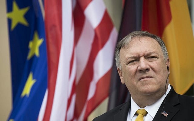 US Secretary of State Mike Pompeo speaks at a press conference at Villa Borsig in north Berlin on May 31, 2019. (Odd Andersen/AFP) US Secretary of State Mike Pompeo speaks at a press conference at Villa Borsig in north Berlin on May 31, 2019. (Odd Andersen/AFP)