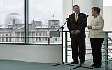 German Chancellor Angela Merkel and US Secretary of State Mike Pompeo speak to media prior to a meeting at the Chancellery in Berlin on May 31, 2019. (Odd Andersen/AFP)