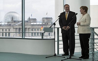 German Chancellor Angela Merkel and US Secretary of State Mike Pompeo speak to media prior to a meeting at the Chancellery in Berlin on May 31, 2019. (Odd Andersen/AFP)