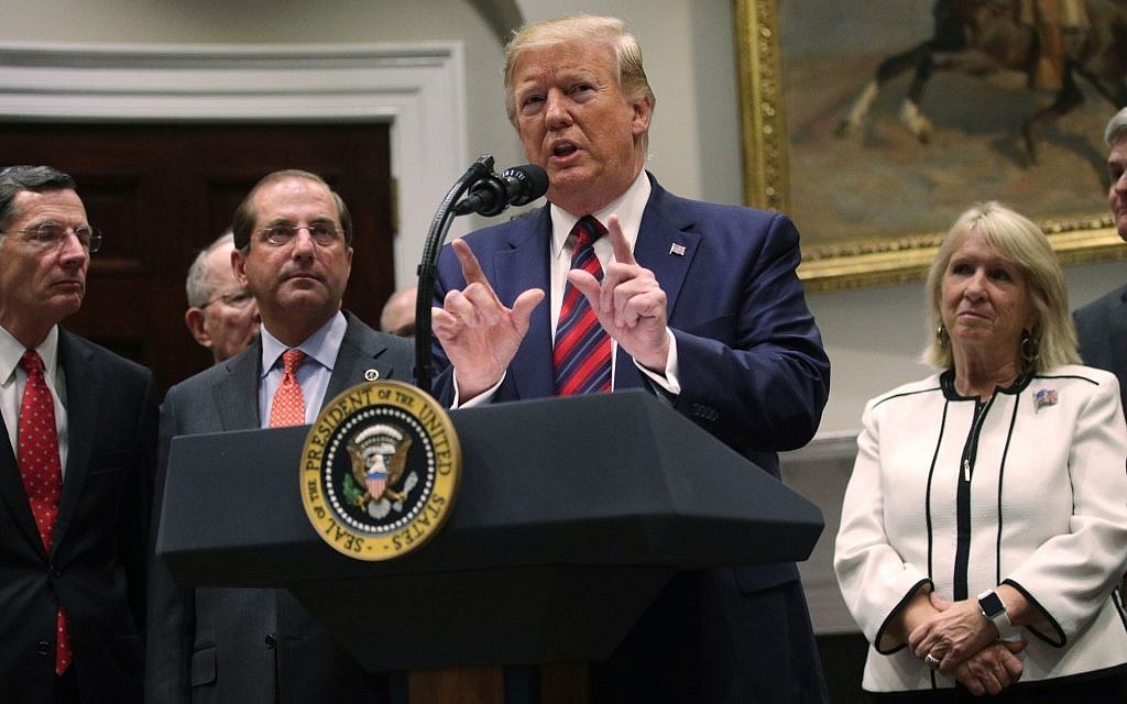 US President Donald Trump speaks in a Roosevelt Room event at the White House, May 9, 2019. (Alex Wong/Getty Images via JTA) US President Donald Trump speaks in a Roosevelt Room event at the White House, May 9, 2019. (Alex Wong/Getty Images via JTA)