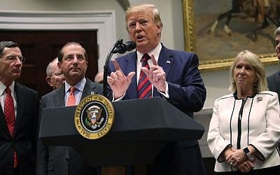 US President Donald Trump speaks in a Roosevelt Room event at the White House, May 9, 2019. (Alex Wong/Getty Images via JTA)