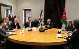 Jordan's King Abdullah II (center) meets White House adviser Jared Kushner (4th from left) and US special envoy Jason Greenblatt, (3rd from left) in Amman on May 29, 2019. (Petra News)