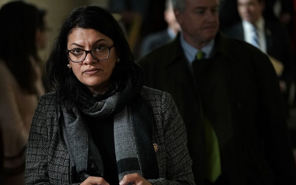 US Rep. Rashida Tlaib, a Michigan Democrat, after a caucus meeting at the US Capitol in Washington, DC, January 9, 2019. (Alex Wong/Getty Images via JTA) US Rep. Rashida Tlaib, a Michigan Democrat, after a caucus meeting at the US Capitol in Washington, DC, January 9, 2019. (Alex Wong/Getty Images via JTA)