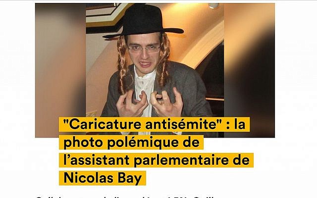Guillaume Pradoura, an aide to National Assembly leader Nicolas Bay, posing in 2013 while wearing an Orthodox Jew costume. (screenshot news.konbini.com via JTA) Guillaume Pradoura, an aide to National Assembly leader Nicolas Bay, posing in 2013 while wearing an Orthodox Jew costume. (screenshot news.konbini.com via JTA)