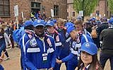 Players from the under-18 division of Britain’s Chelsea soccer club attend a March of the Living event in the former Auschwitz Nazi camp in Poland, May 2, 2019. (Cnaan Liphshiz/JTA)