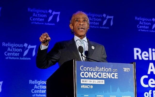 Al Sharpton speaking at the Reform movement’s Religious Action Center conference in Washington, DC, May 20, 2019. (RAC) Al Sharpton speaking at the Reform movement’s Religious Action Center conference in Washington, DC, May 20, 2019. (RAC)