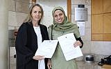 Arab Israeli poet Dareen Tatour (right) and lawyer Gabi Lasky at the Nazareth District Court, May 16, 2019. (Facebook)