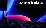 Facebook CEO Mark Zuckerberg, left, makes the keynote speech at F8, the Facebook's developer conference, Tuesday, April 30, 2019, in San Jose, Calif. (AP Photo/Tony Avelar )