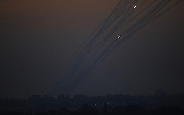 Illustrative: Rockets are launched from Gaza Strip to Israel, May 5, 2019.  (AP Photo/Ariel Schalit)