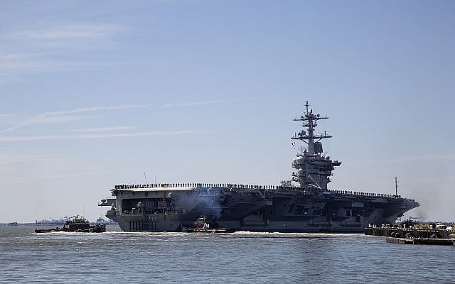 The USS Abraham Lincoln deploys from Naval Station Norfolk, in the vicinity of Norfolk, Virginia, on April 1, 2019. (Kaitlin McKeown/ The Virginian-Pilot via AP) The USS Abraham Lincoln deploys from Naval Station Norfolk, in the vicinity of Norfolk, Virginia, on April 1, 2019. (Kaitlin McKeown/ The Virginian-Pilot via AP)