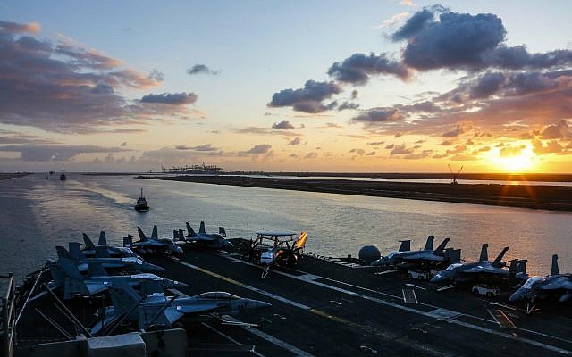 In this May 9, 2019 photo released by the US Navy, the Nimitz-class aircraft carrier USS Abraham Lincoln transits the Suez Canal in Egypt. (Mass Communication Specialist Seaman Dan Snow, US Navy via AP) In this May 9, 2019 photo released by the US Navy, the Nimitz-class aircraft carrier USS Abraham Lincoln transits the Suez Canal in Egypt. (Mass Communication Specialist Seaman Dan Snow, US Navy via AP)