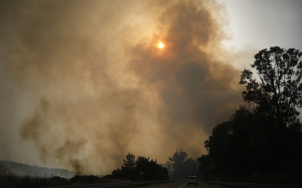 Smoke rises as a wildfire rages near Kibbutz Harel, Israel, Thursday, May 23, 2019.  (AP Photo/Ariel Schalit)