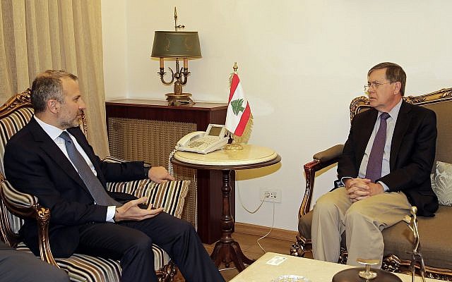 US Deputy Assistant Secretary of State David Satterfield, right, who is attempting to mediate a border dispute between Lebanon and Israel, meets with Lebanese Foreign Minister Gibran Bassil at the Lebanese foreign ministry in Beirut, Lebanon, May 28, 2019. (AP Photo/Hassan Ammar) US Deputy Assistant Secretary of State David Satterfield, right, who is attempting to mediate a border dispute between Lebanon and Israel, meets with Lebanese Foreign Minister Gibran Bassil at the Lebanese foreign ministry in Beirut, Lebanon, May 28, 2019. (AP Photo/Hassan Ammar)