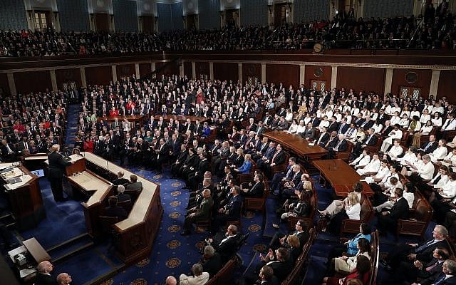 US President Donald Trump delivers his State of the Union address to a joint session of Congress on Capitol Hill in Washington, February 5, 2019. (AP/J. Scott Applewhite)
