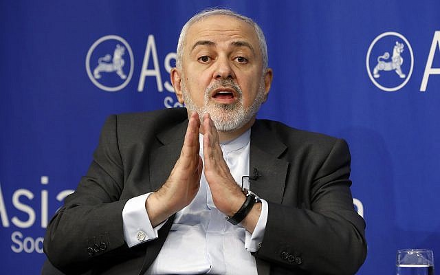 Iran's Foreign Minister Mohammad Javad Zarif speaks at the Asia Society in New York, April 24, 2019. (Richard Drew/AP) Iran's Foreign Minister Mohammad Javad Zarif speaks at the Asia Society in New York, April 24, 2019. (Richard Drew/AP)