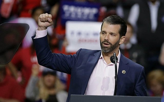 Donald Trump Jr. speaks ahead of his father US President Donald Trump at a Make America Great Again rally April 27, 2019, in Green Bay, Wisconsin. (Mike Roemer/AP) Donald Trump Jr. speaks ahead of his father US President Donald Trump at a Make America Great Again rally April 27, 2019, in Green Bay, Wisconsin. (Mike Roemer/AP)