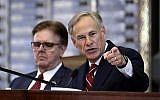 In this Feb. 5, 2019 file photo, Texas Gov. Greg Abbott, right, gives his State of the State address as Lt. Gov. Dan Patrick, left, listens in the House Chamber in Austin, Texas.  (AP Photo/Eric Gay, File)