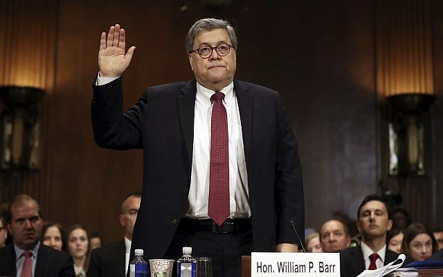 US Attorney General William Barr is sworn in to testify before the Senate Judiciary Committee hearing on Capitol Hill in Washington, May 1, 2019, on the Mueller Report. (AP Photo/Andrew Harnik) US Attorney General William Barr is sworn in to testify before the Senate Judiciary Committee hearing on Capitol Hill in Washington, May 1, 2019, on the Mueller Report. (AP Photo/Andrew Harnik)