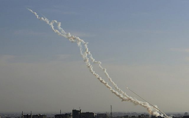 Palestinian rockets fired toward Israel from the Gaza Strip, Saturday, May 4, 2019. (AP/Adel Hana) Palestinian rockets fired toward Israel from the Gaza Strip, Saturday, May 4, 2019. (AP/Adel Hana)