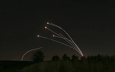 Israeli air defense system Iron Dome takes out rockets fired from Gaza near Sderot, Israel, May 4, 2019. (AP/Ariel Schalit)